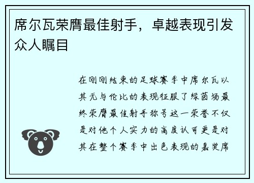 席尔瓦荣膺最佳射手，卓越表现引发众人瞩目